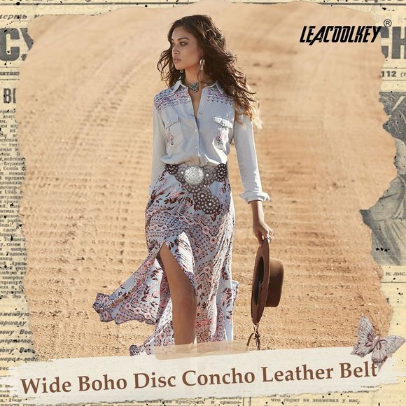Women Western Leather Belt Boho Disc Conch Waist Belt For Dress Jeans Women Western Leather Belt Boho Disc Conch Waist Belt For Dress Jeans